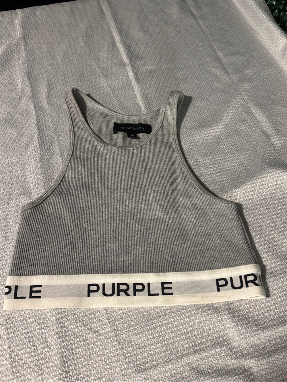 Purple Brand Gray Ribbed Crop Tank with Branded Elastic Hem